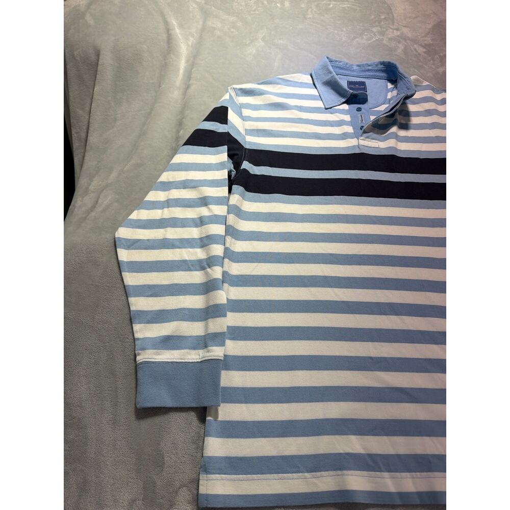 Faconnable France Mens Long Sleeve Striped Rugby Polo Shirt Blue White Cotton - Picture 5 of 11